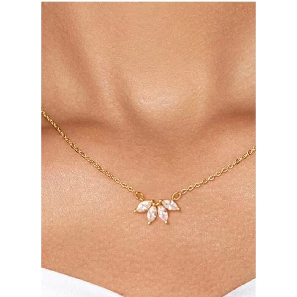 delicate gold tone lotus floral pendant necklace with marquise-cut stones 16”